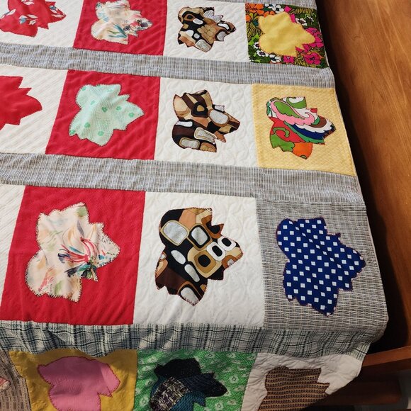 1970s Double knit Quilt Blanket Leaf Pattern Handmade Bright Colors Queen VTG - Picture 6 of 8